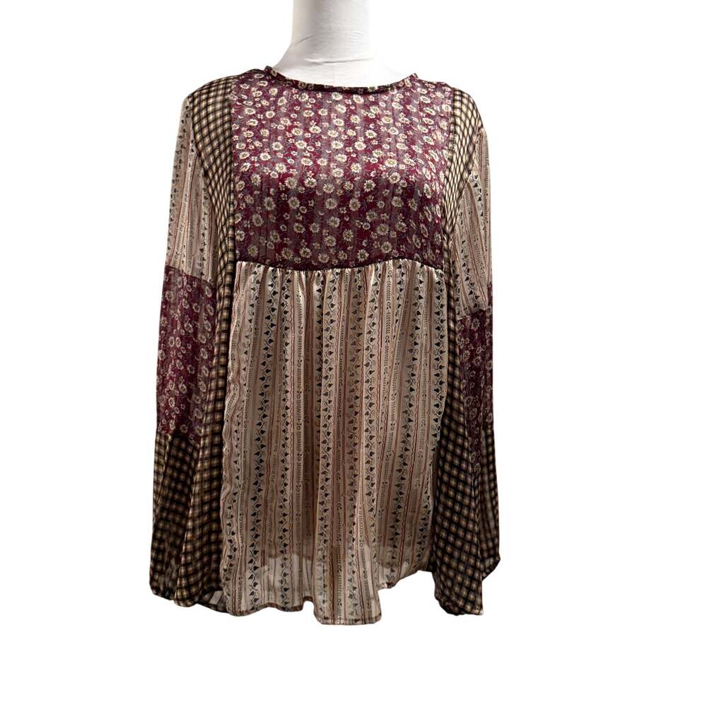 Ces Femme Boho Patchwork Floral Tunic Top Burgundy Small Peasant Puff Sleeves